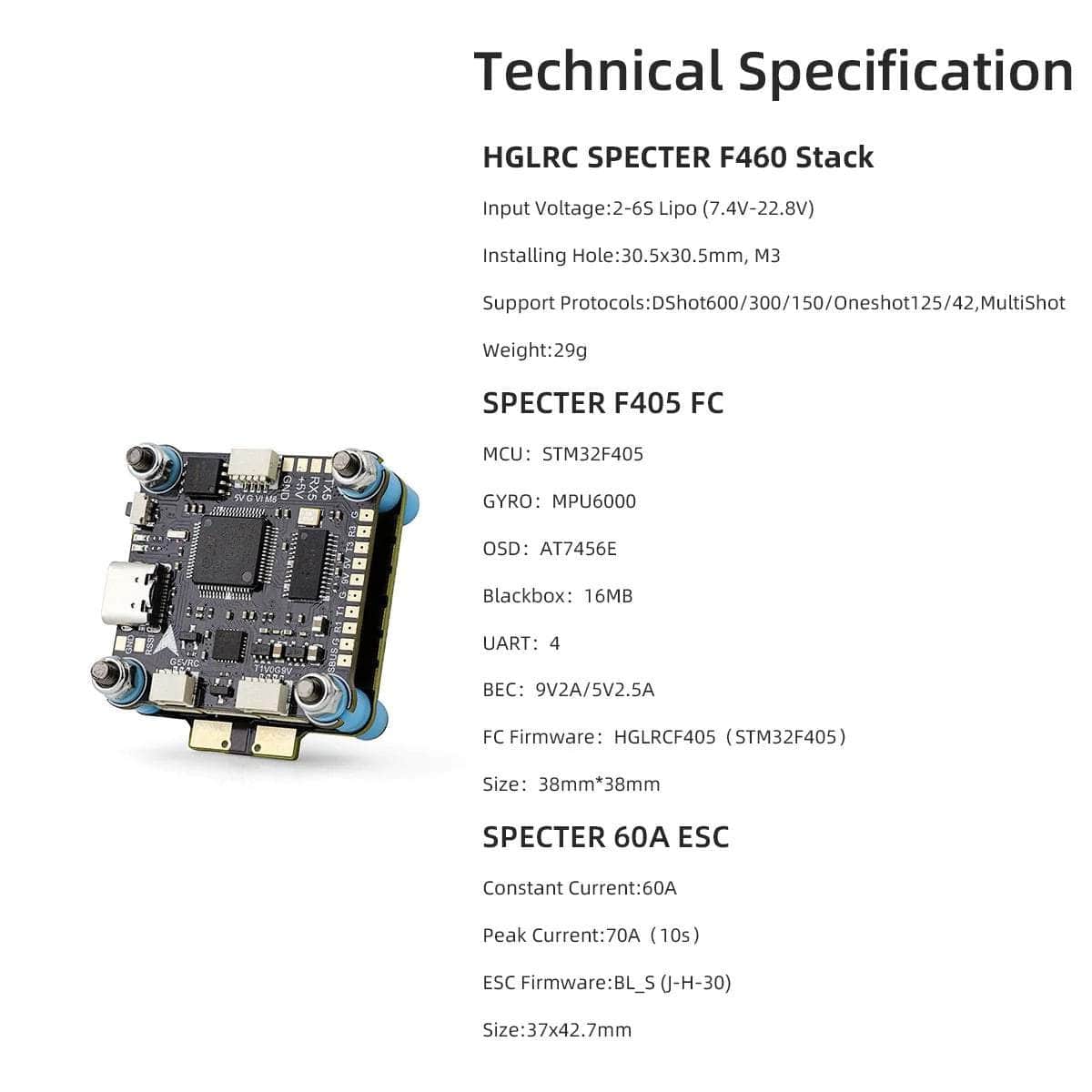 HGLRC Stack HGLRC SPECTER F460 HD 2-6S 30x30 Stack/Combo (F405 V2 FC / 8Bit 60A 4in1 ESC) - MPU6000