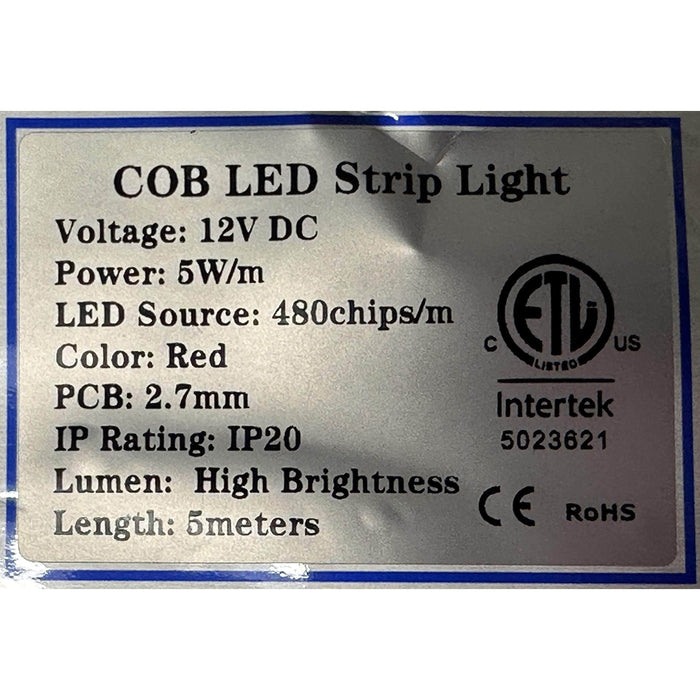 2.7MM WIDE - 12V COB LED Strip Light 5Meter Rolls, 16.4 Feet
