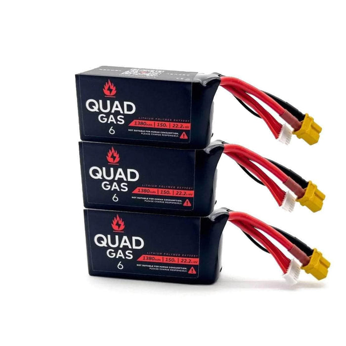 Quad Gas 6S 1380mAh 150c LiPo Battery (3 pack) - Choose Red or Black